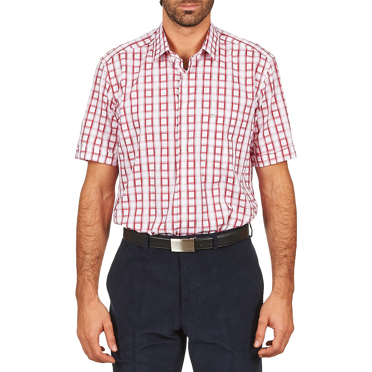 Vêtements Homme Chemises manches courtes Pierre Cardin CH MC CARREAU GRAPHIQUE Blanc / Rouge