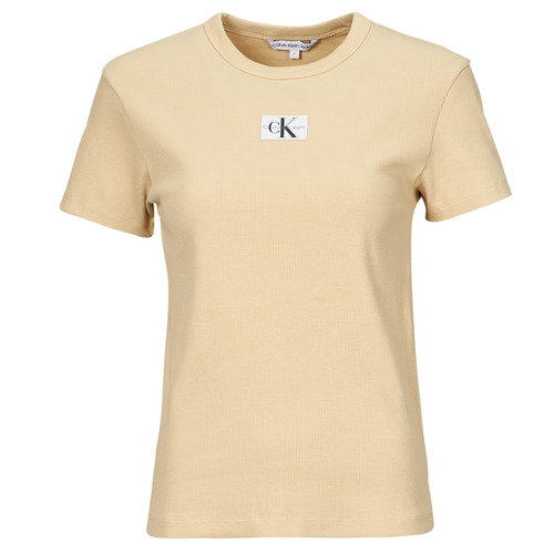 Vêtements Femme T-shirts manches courtes Calvin Klein Jeans WOVEN LABEL RIB REGULAR TEE Beige
